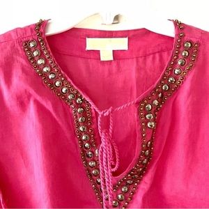 Michael Kors Fushia Cotton Popover with Copper Metal Work  Neckline S